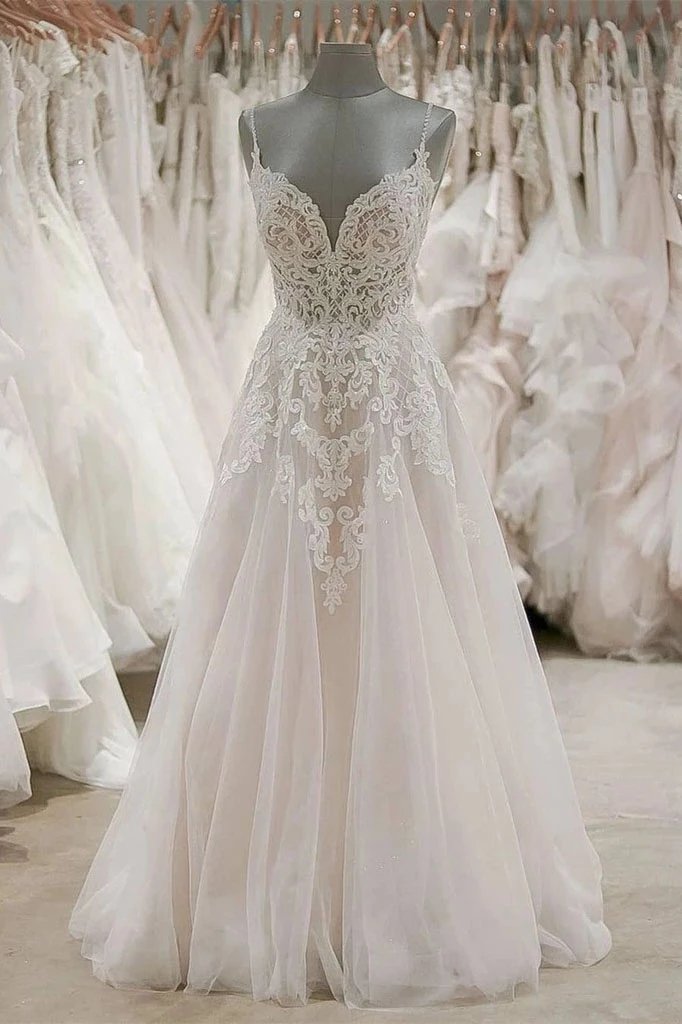 A Line Spaghetti Straps V Neck Beach Wedding Dresses Appliqued Tulle Bridal Dresses N2021