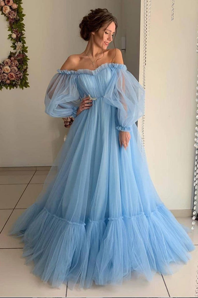 A Line Long Sleeve Off the Shoulder Long Prom Dress, Blue Tulle Floor Length Formal Dress UQ1703