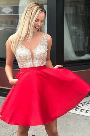 Red V Neck Sleeveless Homecoming Dress, Beading Backless Satin Short Prom Dresses N1952