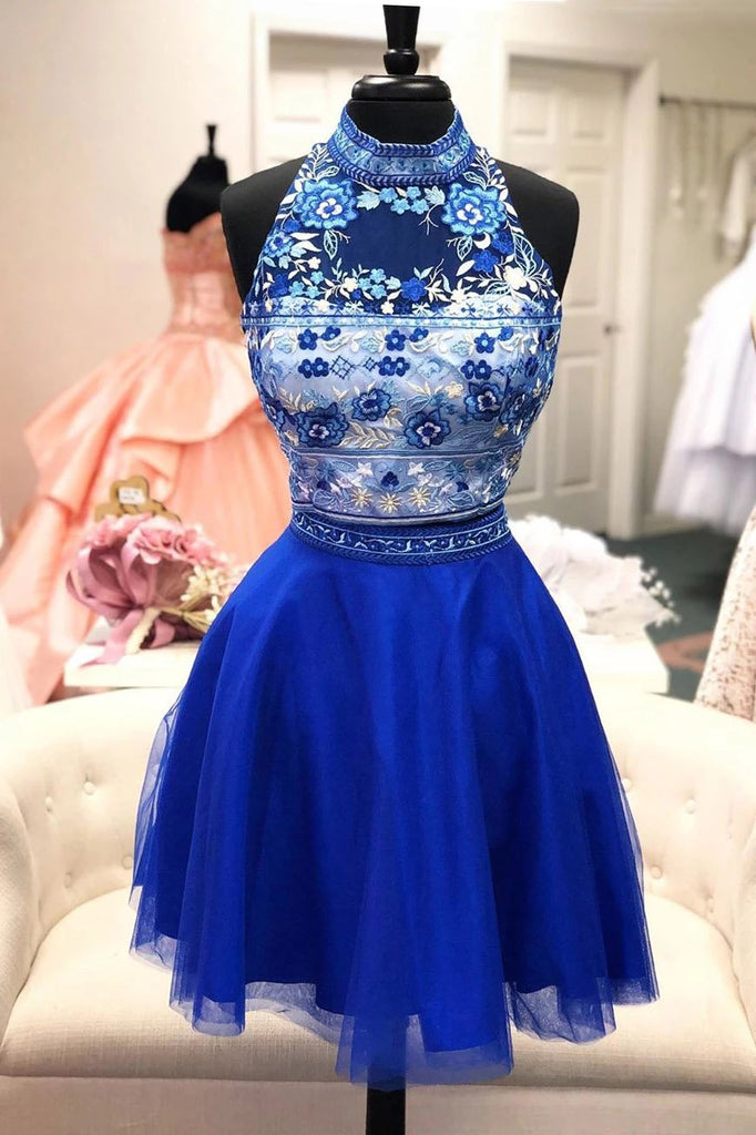 Two Piece High Neck Royal Blue Sleeveless Tulle Homecoming Dresses wit Uniquedresss Two Piece High Neck Royal Blue Sleeveless Tulle Homecoming Dresses wit Uniquedresss
