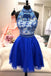 Two Piece High Neck Royal Blue Sleeveless Tulle Homecoming Dresses with Applique UQ2115