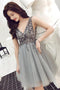 Gray Sparkly V Neck Sleeveless Tulle Homecoming Dress with Sequins, A Line Short Prom Dress UQ2015