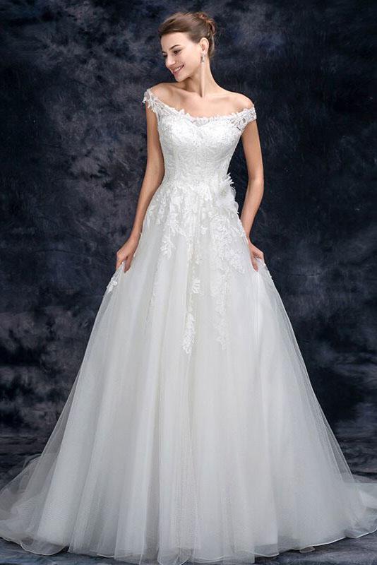 A Line Off the Shoulder Tulle Wedding Dress with Lace Appliques, Long Bridal Dresses N2293