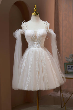 Ivory Off the Shoulder Tulle Short Homecoming Dress with Lace and Pearls UQH0122