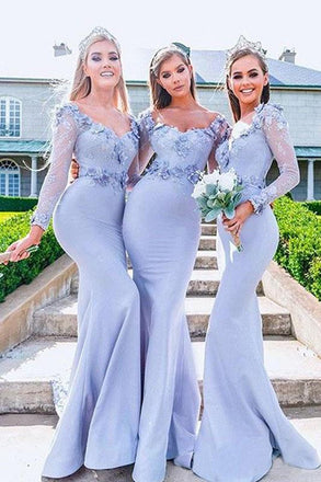 Mermaid Elastic Satin Applique Off-the-Shoulder Long Sleeves Floor-Length Bridesmaid Dresses N2382