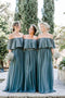 Steel Blue Chiffon Column Off Shoulder Long Bridesmaid Dresses UQB0012