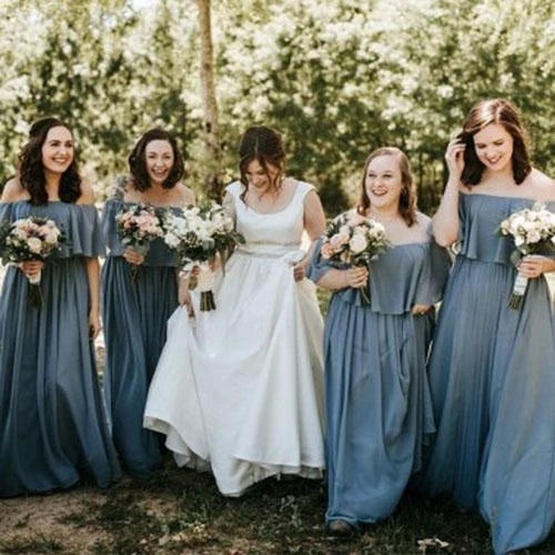 Steel Blue Chiffon Column Off Shoulder Long Bridesmaid Dresses UQB0012 Uniquedresss Steel Blue Chiffon Column Off Shoulder Long Bridesmaid Dresses UQB0012 Uniquedresss