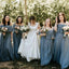 Steel Blue Chiffon Column Off Shoulder Long Bridesmaid Dresses UQB0012