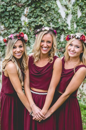 Maroon Chiffon Two Piece Bohemia A Line Long Bridesmaid Dresses UQB0010