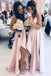 Simple Light Pink Spaghetti Straps Long Bridesmaid Dresses With Slit UQB0011