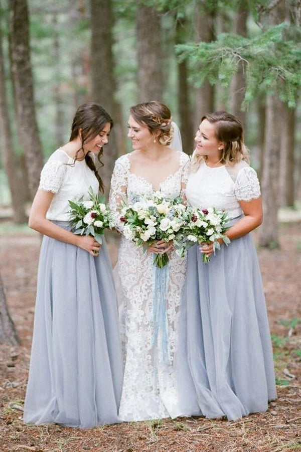 Light Grey Tulle Short Sleeves Bridesmaid Dresses,Wedding Party Dresses UQB0021