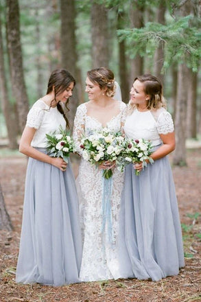 Light Grey Tulle Short Sleeves Bridesmaid Dresses,Wedding Party Dresses UQB0021