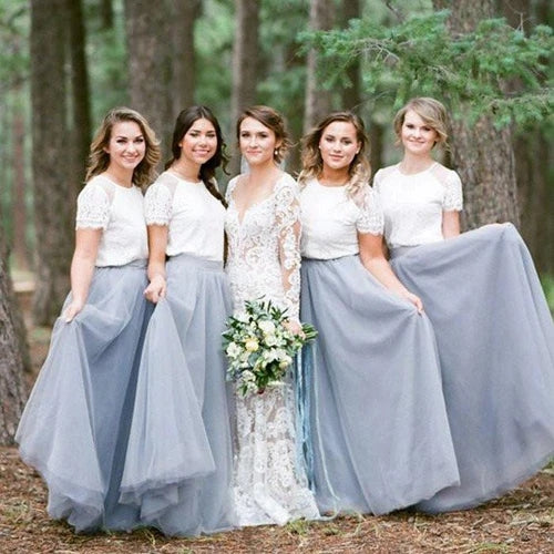 Light Grey Tulle Short Sleeves Bridesmaid Dresses,Wedding Party Dresses UQB0021
