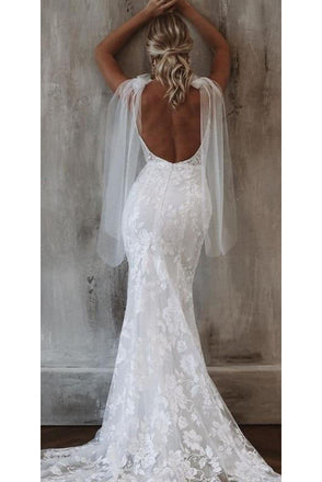 Mermaid Deep V Neck Lace Wedding Dress, New Style Long Bridal Gown UQW0078