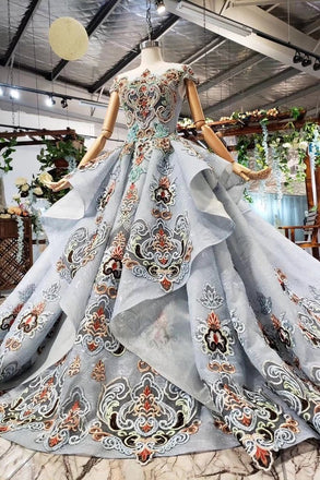 Ball Gown Blue Cap Sleeve Long Prom Dresses, Lace up Beading Quinceanera Dresses N1997