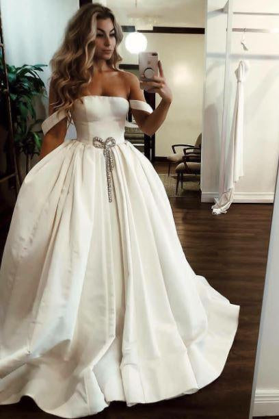 Puffy Off the Shoulder Satin Long Wedding Dresses with Pockets, Simple Bridal Dress N2095