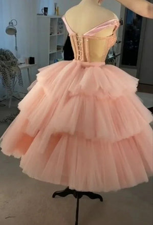 Puffy Straps Tiered Pink Tea Length Prom Dresses, Homecoming Dress with Sequins UQH0100