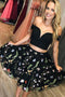 Black Two Piece Off Shoulder Homecoming Dresses with Flowers, Knee Length Black Dress UQ1820