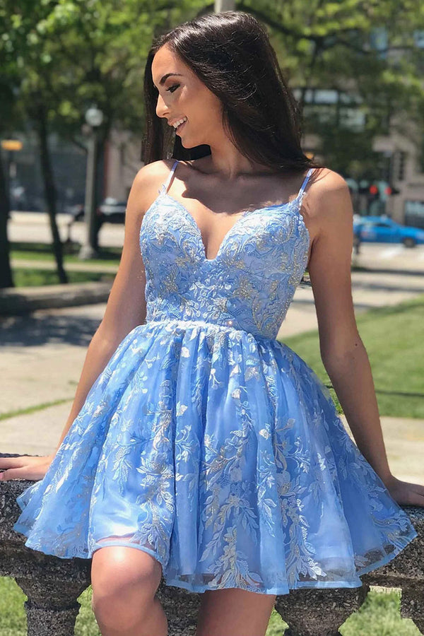 Blue Spaghetti Straps Tulle A-line Homecoming Dresses with Lace Appliq