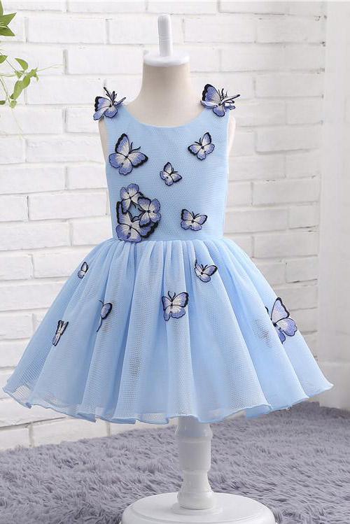 Light Blue Baby Girls Clothes Butterfly Appliques Puffy Flower