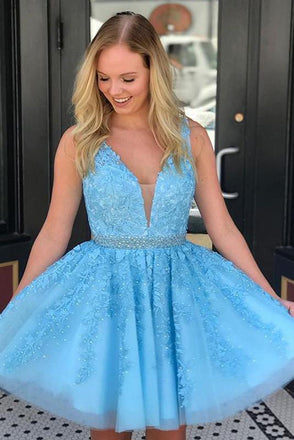 Blue Lace Beaded Sash Sleeveless A Line Sleeveless Tulle Short Homecoming Dresses N1827