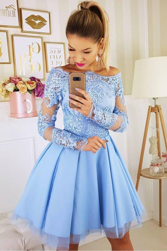 Blue Off the Shoulder Lace Appliqued Tulle Homecoming Dress with Long Sleeves N1866
