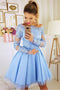 Blue Off the Shoulder Lace Appliqued Tulle Homecoming Dress with Long Sleeves UQ1866