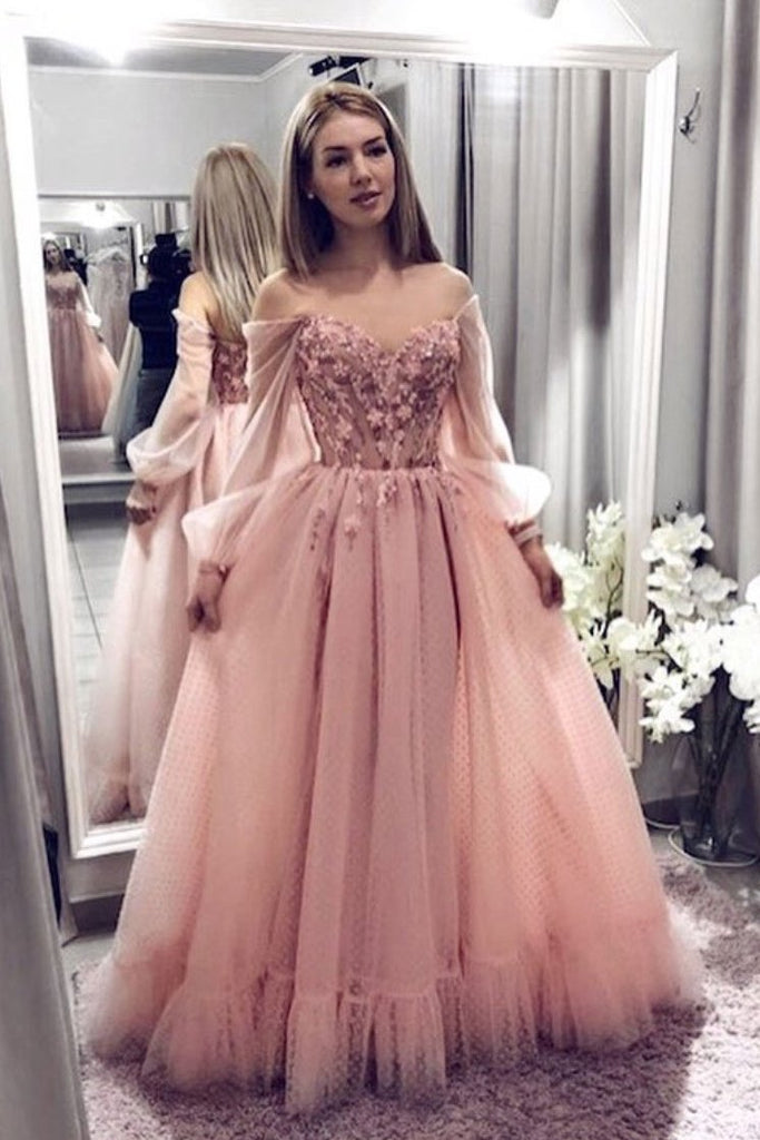 Blush Pink Prom Dresses With Long Sleeves, A Line Elegant Evening Dress with Applique UQ1814
