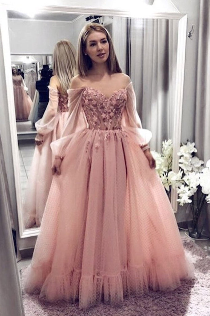Blush Pink Prom Dresses With Long Sleeves, A Line Elegant Evening Dres – Uniquedresss