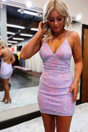 Spaghetti Straps Sheath Sequins V Neck Homecoming Dress Bodycon Dress UQH0115