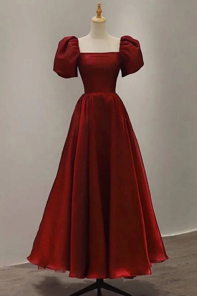 Burgundy A Line Long Prom Dress with Short Sleeves, New Party Gown UQP0177