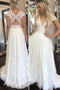 A Line Deep V Neck Cap Sleeves Lace Wedding Dress, Beach Wedding Gown UQW0060
