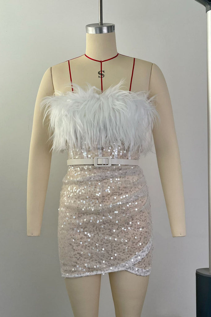 Sheath Strapless Sequins Mini Dress, New Style Bodycon Dress with Belt UQH0126