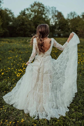 Charming Ivory Long Sleeves Lace V-Neck Bohemian Backless Beach Wedding Dresses UQW0084