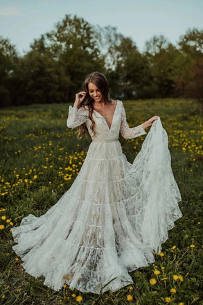 Charming Ivory Long Sleeves Lace V-Neck Bohemian Backless Beach Wedding Dresses UQW0084