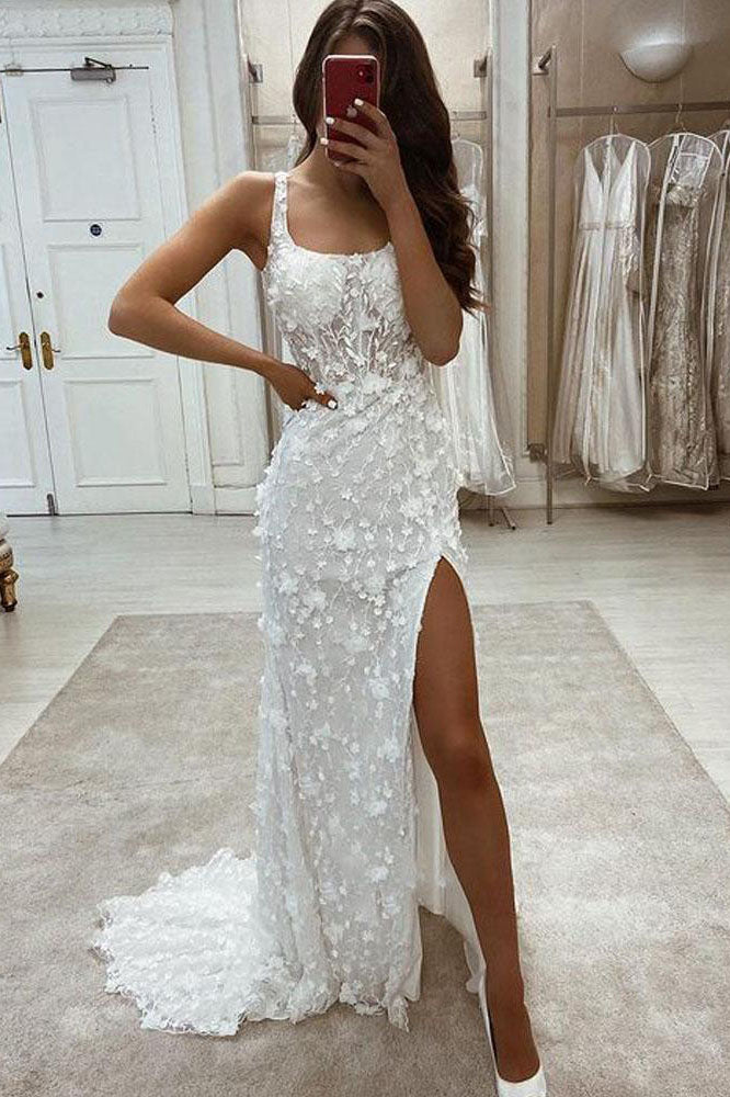 Gorgeous Lace Applique Long Wedding Dresses With Detachable Train UQW0071