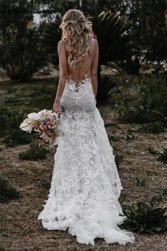 Charming Mermaid Sheer Neck Backless Lace Appliques Tulle Wedding Dresses UQW0072
