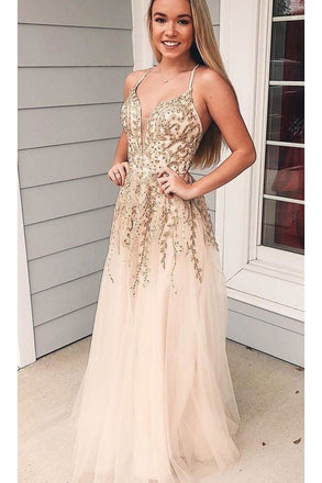 Charming Appliques Spaghetti Straps Tulle Long Prom Dress, V neck Evening Dress N1697