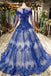 Gorgeous Long Sleeve Sheer Neck Tulle Blue Applique Ball Gown Prom Dresses with Beads UQ1996