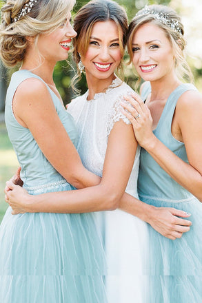 Chic Straps Hi-Lo Asymmetrical Mint Green Tulle Bridesmaid Dresses UQB0008