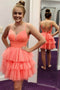 A Line Layered Coral Spaghetti Straps V Neck Tulle Short Prom Dress, Homecoming Dress UQH0099