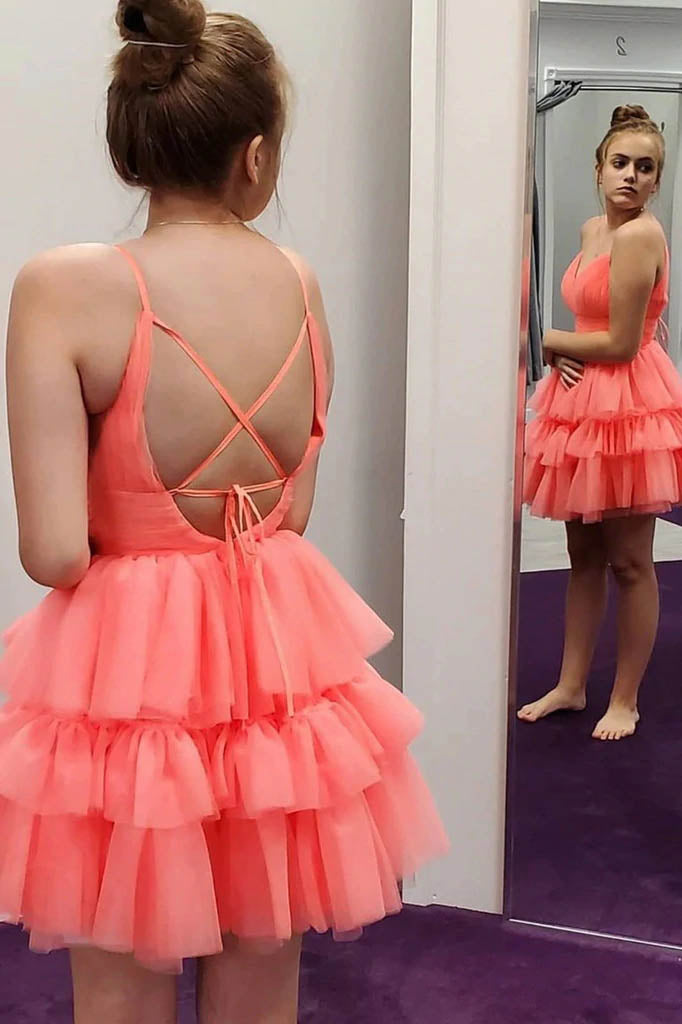 A Line Layered Coral Spaghetti Straps V Neck Tulle Short Prom Dress, Homecoming Dress UQH0099
