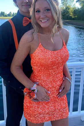 Coral Sparkly Bodycon Party Dress Spaghetti Straps Sequin Homecoming Dresses UQH0125