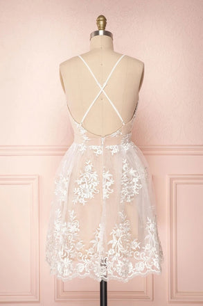 Cute V Neck Backless Lace Appliques Short Prom Dress, Formal Graduation Homecoming Dress UQH0071