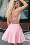 Unique Pink Satin Homecoming Dress with Beads, Sleeveless Junior Above Knee Dress UQ1871