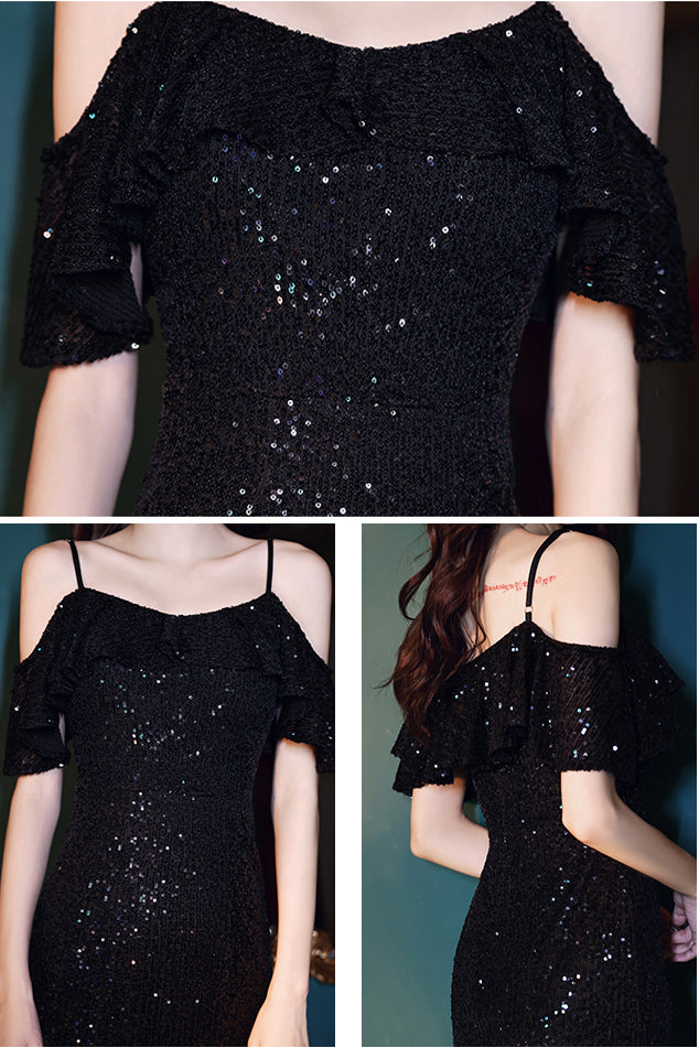 Black Sequined Spaghetti Straps Homecoming Dress, Shiny Mermaid Short Prom Dress UQH0063