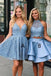 Blue Sleeveless Short Lace Graduation Dresses, Two Piece Satin Homecoming Dress with Lace UQ2099
