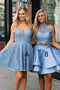 Blue Sleeveless Short Lace Graduation Dresses, Two Piece Satin Homecoming Dress with Lace UQ2099