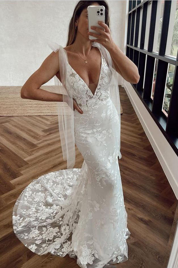 Mermaid Deep V Neck Lace Wedding Dress, New Style Long Bridal Gown UQW0078