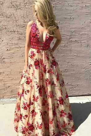 Deep V-Neck Light Champagne Lace Prom Dress with Beading, Long Prom Gown with Appliques N1761